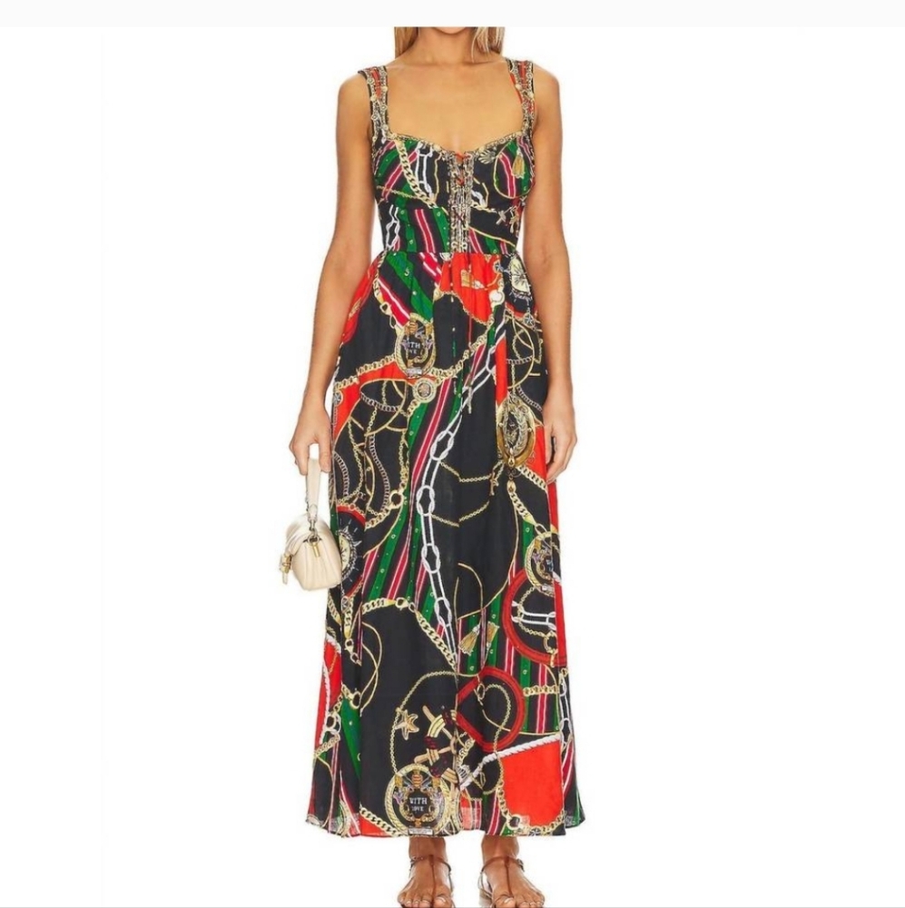 Camilla A-line Halter Maxi Dress in Red and Green
